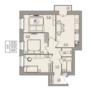 3-к квартира, вторичка, 61м2, 2/3 этаж