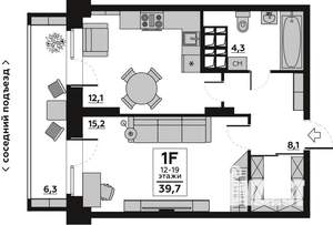 1-к квартира, вторичка, 40м2, 13/19 этаж