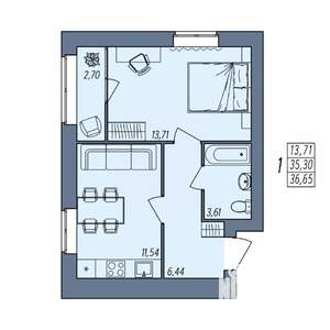 1-к квартира, вторичка, 37м2, 6/8 этаж