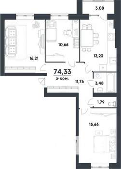 3-к квартира, строящийся дом, 74м2, 4/4 этаж