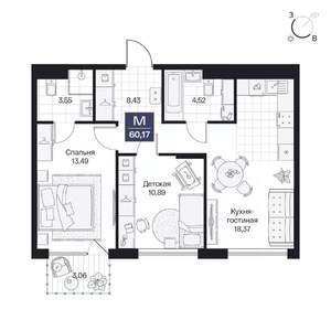 2-к квартира, вторичка, 60м2, 6/10 этаж