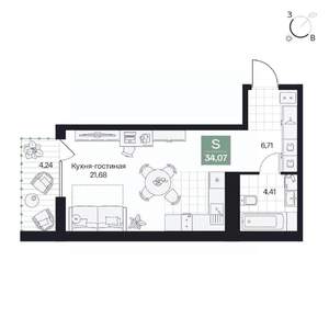 Студия квартира, вторичка, 34м2, 6/8 этаж