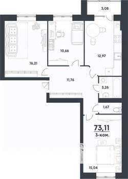 3-к квартира, строящийся дом, 73м2, 3/4 этаж