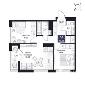 2-к квартира, вторичка, 57м2, 2/10 этаж