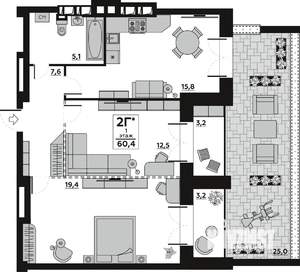 2-к квартира, вторичка, 60м2, 1/7 этаж