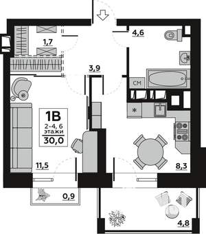 2-к квартира, вторичка, 30м2, 4/7 этаж