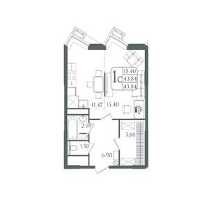 1-к квартира, вторичка, 44м2, 4/21 этаж