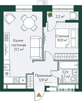 1-к квартира, вторичка, 44м2, 21/24 этаж