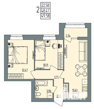 2-к квартира, вторичка, 50м2, 2/4 этаж