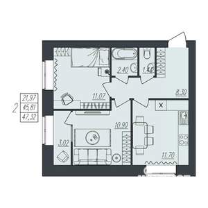 2-к квартира, вторичка, 47м2, 8/10 этаж