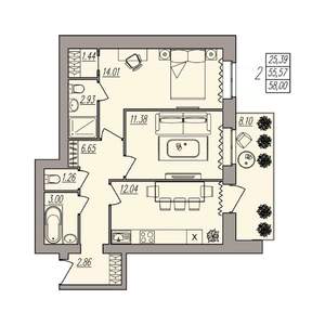 2-к квартира, вторичка, 58м2, 1/3 этаж