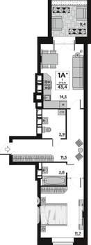 1-к квартира, вторичка, 43м2, 1/7 этаж