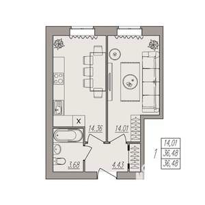 1-к квартира, вторичка, 36м2, 3/3 этаж