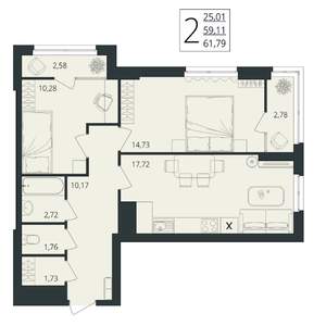 2-к квартира, вторичка, 62м2, 5/17 этаж