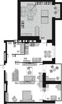 2-к квартира, вторичка, 61м2, 6/7 этаж