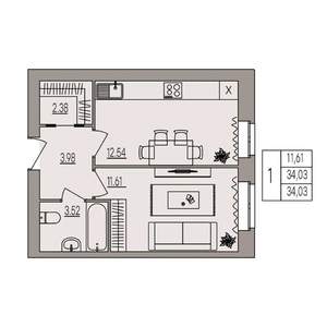 1-к квартира, вторичка, 34м2, 2/3 этаж
