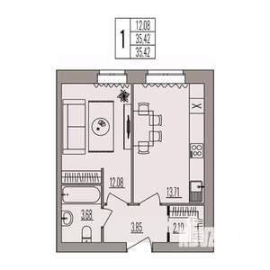 1-к квартира, вторичка, 35м2, 1/3 этаж