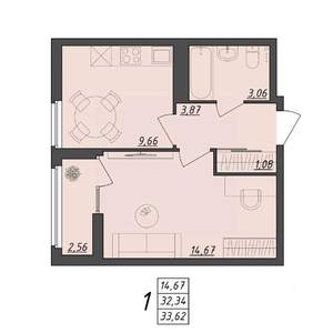 1-к квартира, вторичка, 34м2, 2/10 этаж