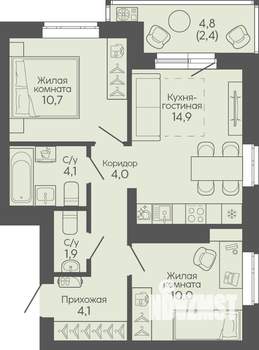 2-к квартира, вторичка, 52м2, 16/19 этаж