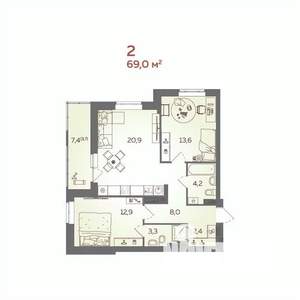 2-к квартира, вторичка, 69м2, 7/21 этаж