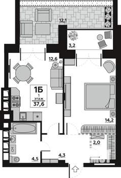 1-к квартира, вторичка, 38м2, 1/7 этаж