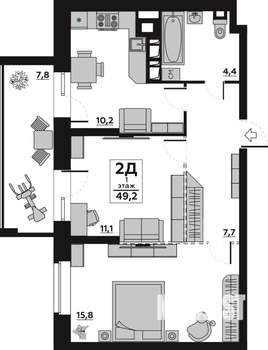 2-к квартира, вторичка, 49м2, 1/7 этаж