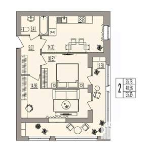 2-к квартира, вторичка, 55м2, 2/3 этаж