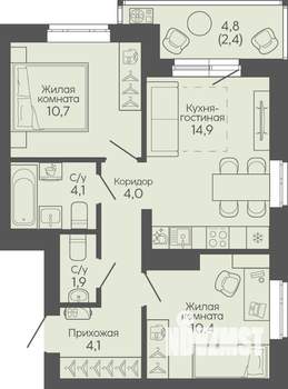 2-к квартира, вторичка, 53м2, 9/19 этаж