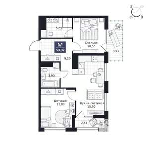 2-к квартира, вторичка, 59м2, 5/9 этаж