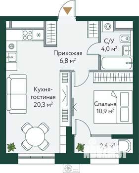 1-к квартира, строящийся дом, 44м2, 6/24 этаж