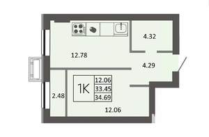 1-к квартира, строящийся дом, 35м2, 3/4 этаж