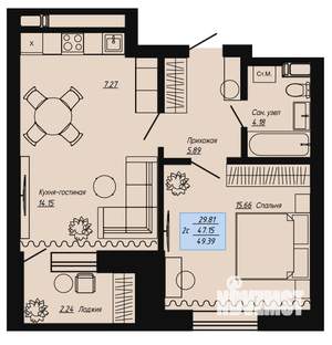 2-к квартира, вторичка, 49м2, 1/16 этаж