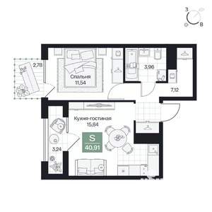 1-к квартира, вторичка, 41м2, 3/9 этаж