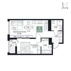 1-к квартира, вторичка, 47м2, 4/9 этаж