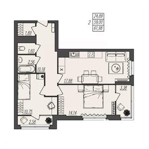 2-к квартира, вторичка, 62м2, 3/17 этаж