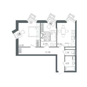 2-к квартира, вторичка, 61м2, 22/22 этаж