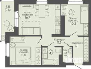 2-к квартира, вторичка, 56м2, 19/22 этаж