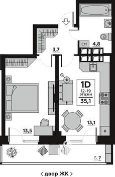 1-к квартира, вторичка, 35м2, 18/19 этаж