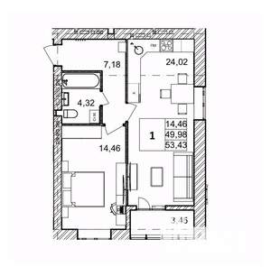 1-к квартира, вторичка, 53м2, 3/9 этаж