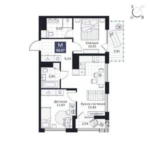 2-к квартира, вторичка, 59м2, 7/9 этаж