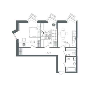 2-к квартира, вторичка, 61м2, 16/22 этаж