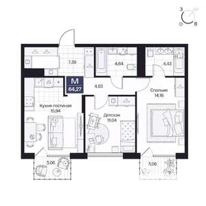 2-к квартира, вторичка, 64м2, 6/10 этаж