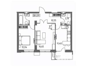 2-к квартира, вторичка, 61м2, 9/19 этаж
