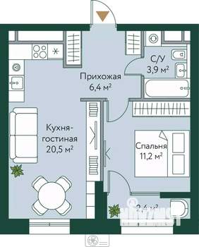 1-к квартира, строящийся дом, 44м2, 6/24 этаж