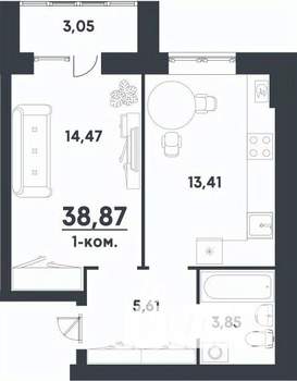 1-к квартира, вторичка, 39м2, 1/5 этаж