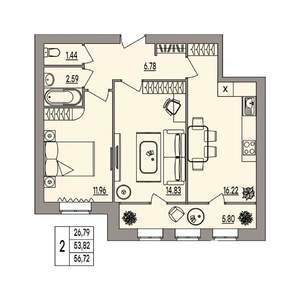 2-к квартира, вторичка, 57м2, 3/3 этаж