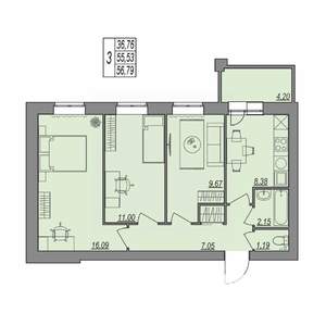 3-к квартира, строящийся дом, 57м2, 3/7 этаж