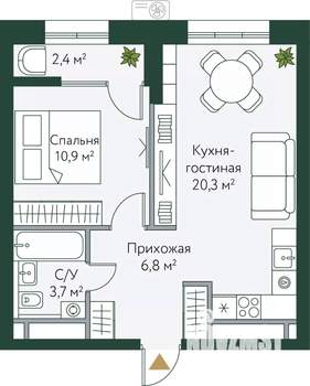 1-к квартира, вторичка, 44м2, 21/24 этаж
