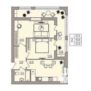 2-к квартира, вторичка, 55м2, 2/3 этаж