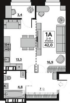 1-к квартира, вторичка, 44м2, 8/19 этаж